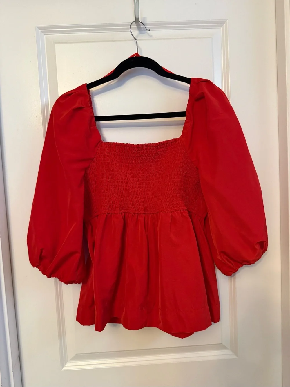 Square-Neck Red Peasant Top with Puff Sleeves - Picture 2 of 4
